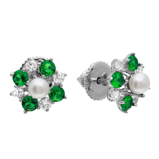 Green CZ Flower Earrings with Center Fresh Water Pearl Plata 925