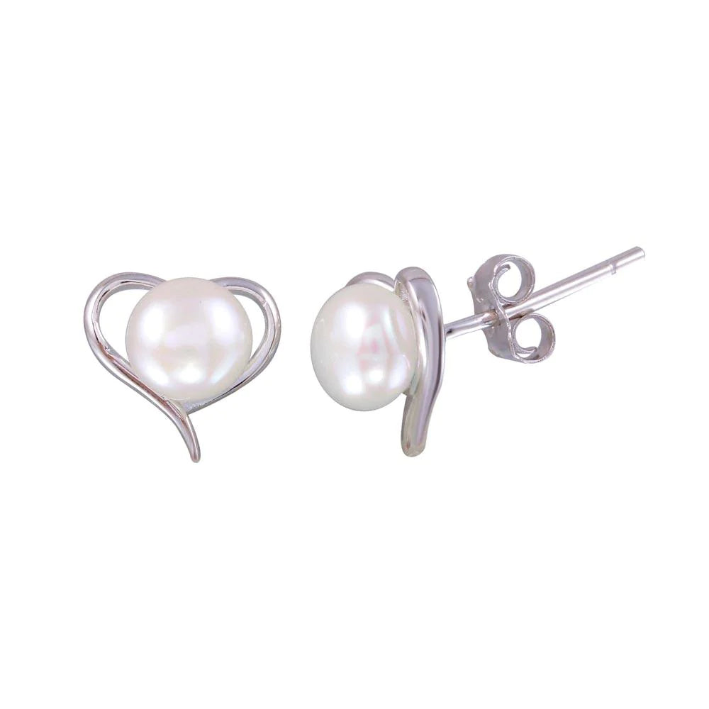 Heart Stud Earrings with Synthetic Pearl Plata 925